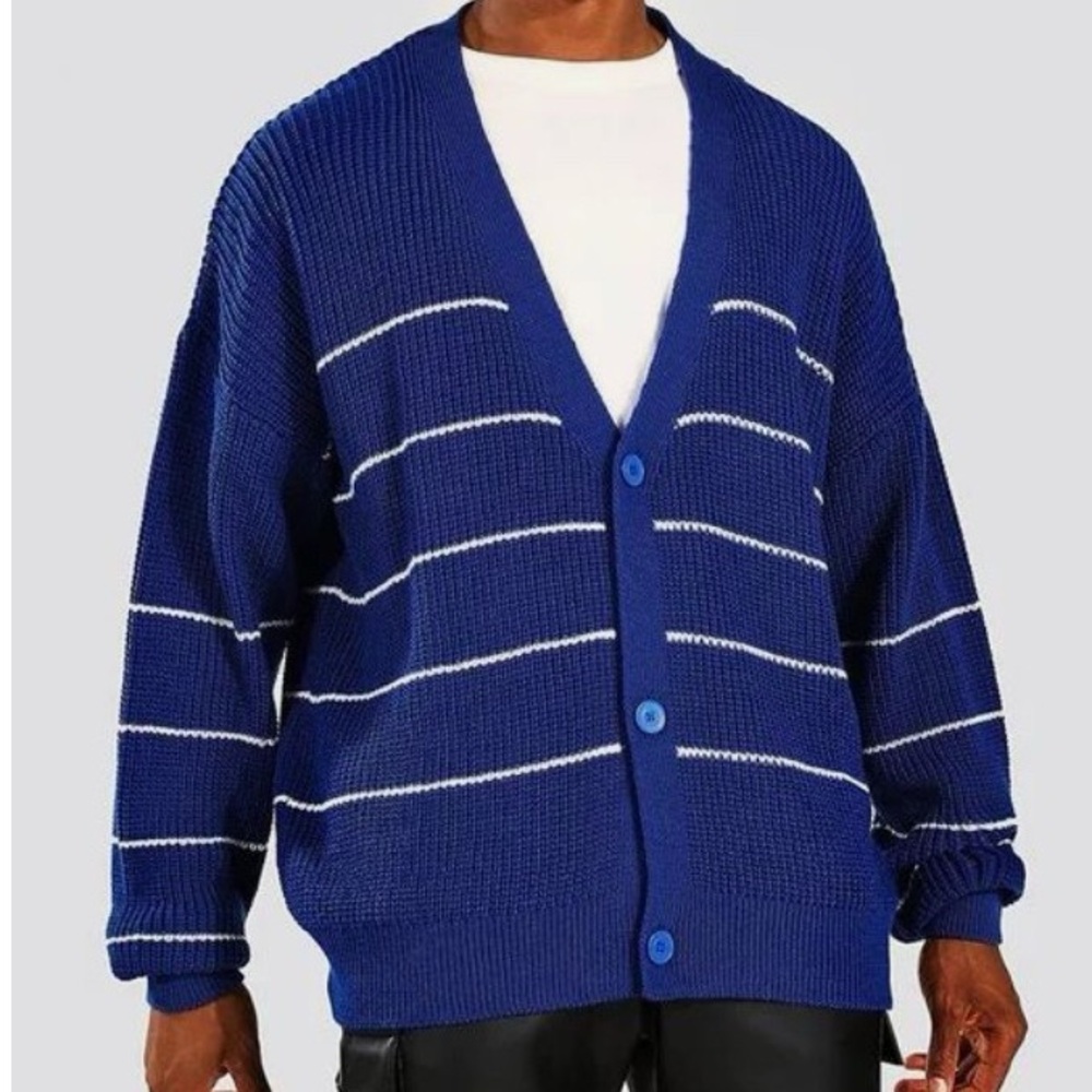 BoohooMan Oversized Stripe Waffle Knit Cardigan Sweater, NWT